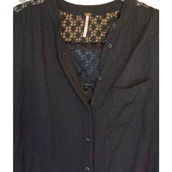 Free people, long sleeve, black crocheted button up BoHo blouse S/SM - Picture 3 of 5